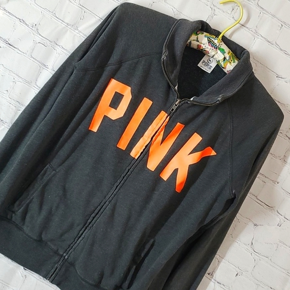 2012 Victoria's Secret PINK Gray Orange Logo Spellout Collared Full Zip Sz Small